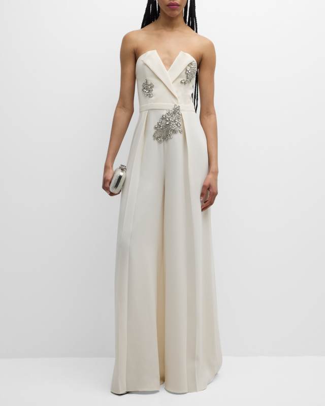 Crystal Embroidered Crossed Strapless Wide-Leg Cady Jumpsuit